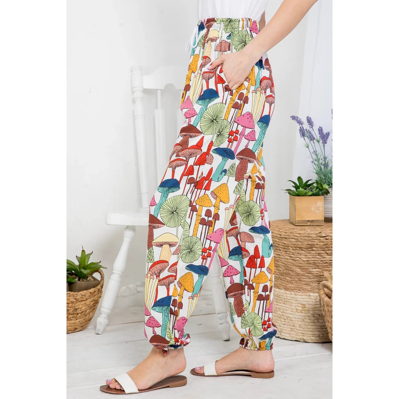 Mushroom Print Pants with Pocket and Drawstrings
