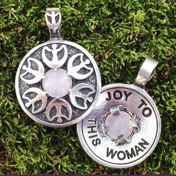 Moon Goddess “Joy To This Woman” Affirmation Pewter Necklace Rose Quartz