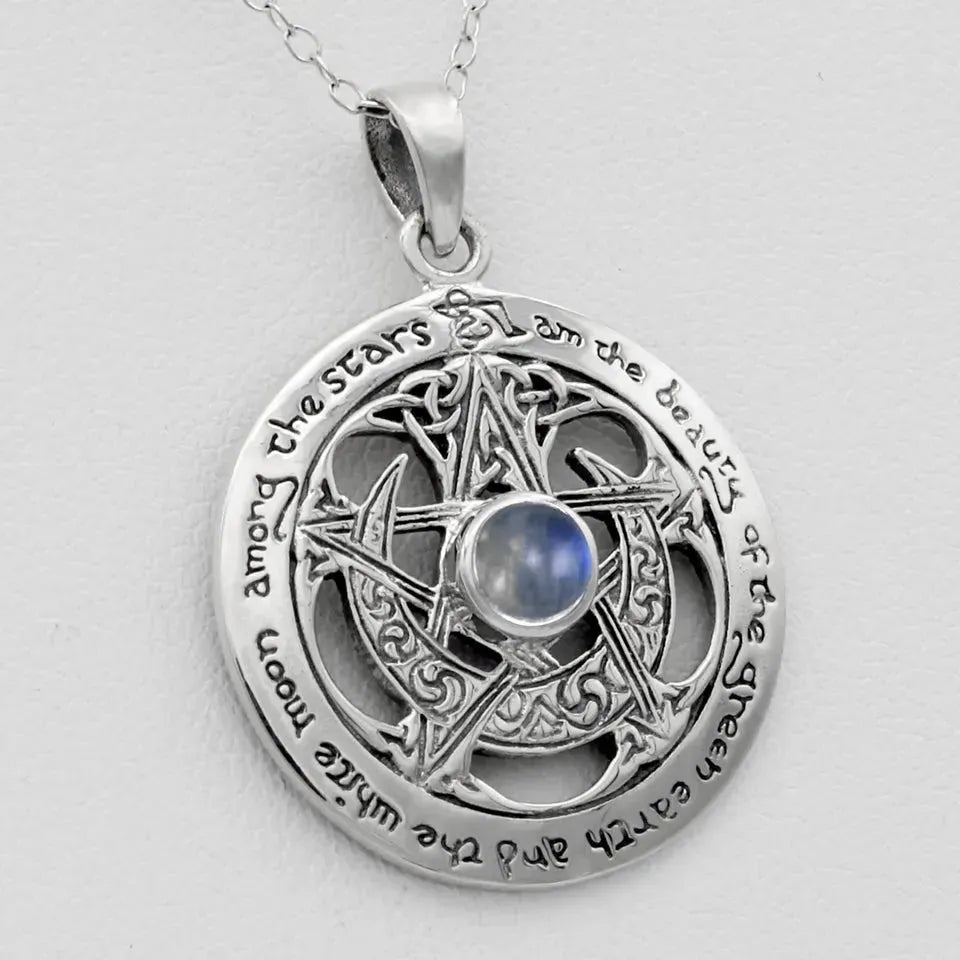 Sterling Silver Large Cut Out Moon Pentacle Pendant with Rainbow Moonstone