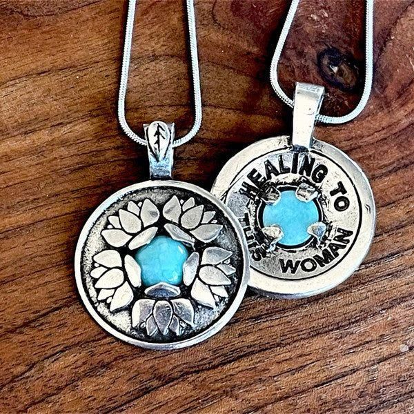 Healing To This Woman Lotus Inscribed Affirmation Pendant w/ Amazonite