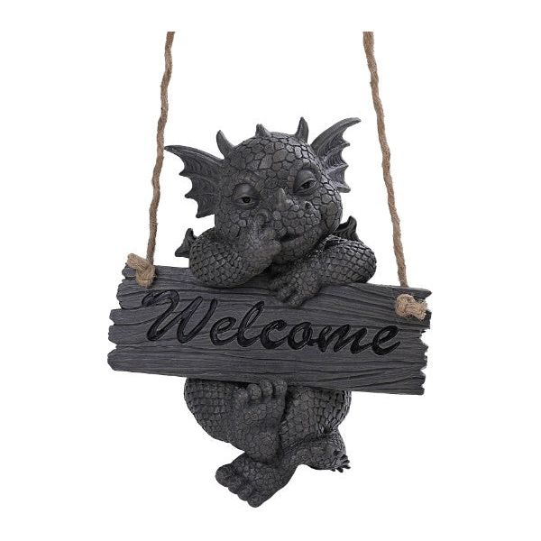 WELCOME GARDEN DRAGON Statue on swing, picking his nose!