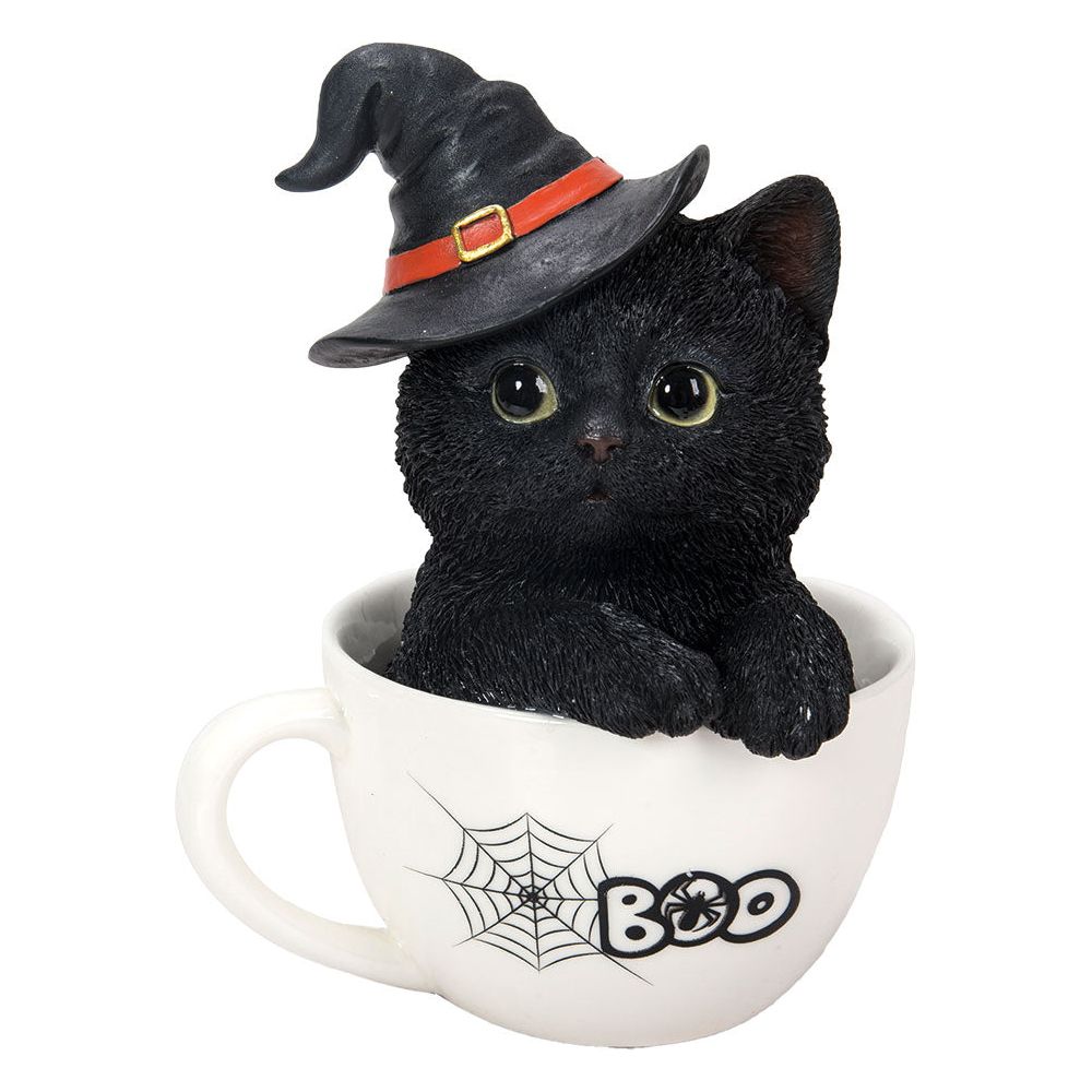 Black "Boo" Kitty Witch Cat in Cauldron Statue