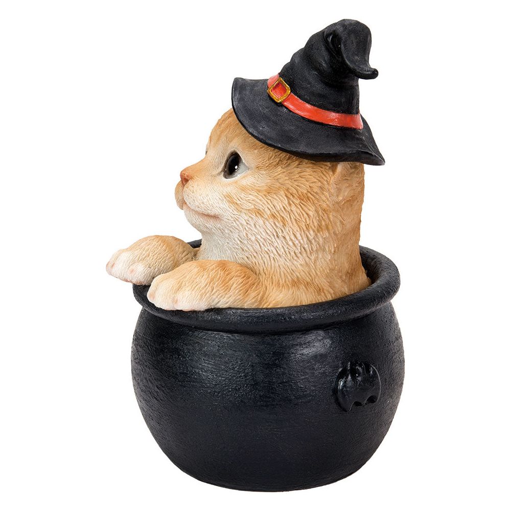 Orange Witch Tabby Cat in Cauldron Statue