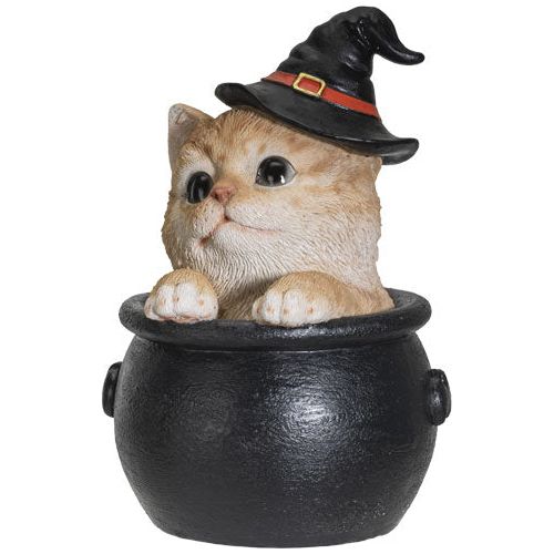 Orange Witch Tabby Cat in Cauldron Statue