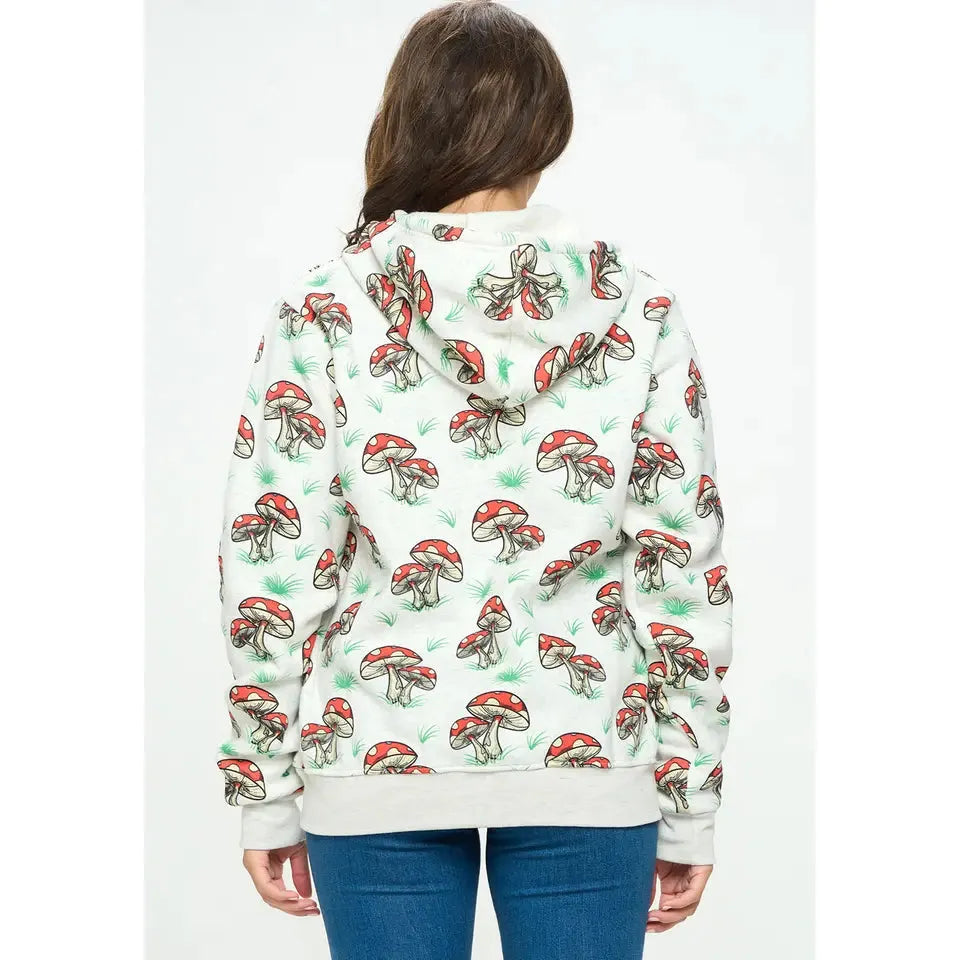 Red and White Mushroom Print Zipper Hoodie S-XL