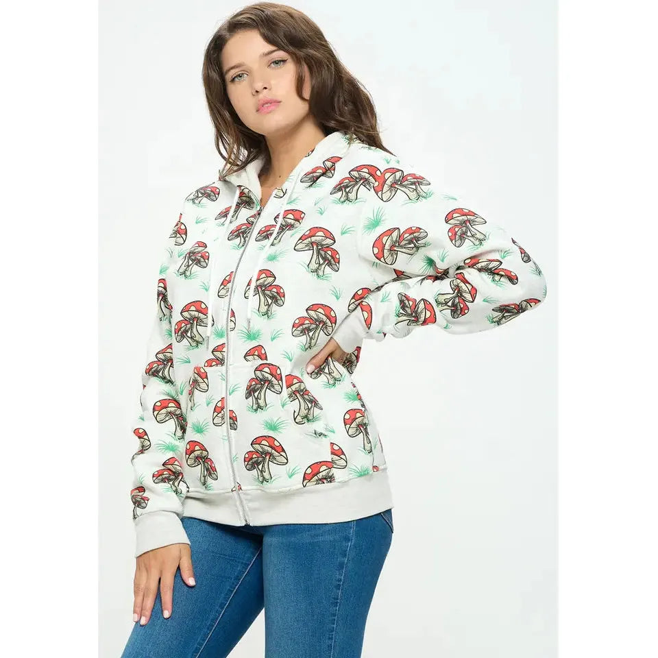 Red and White Mushroom Print Zipper Hoodie S-XL