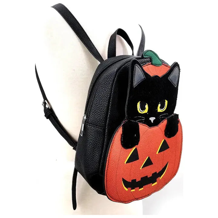 Furry Black Cat in Pumpkin Mini Backpack