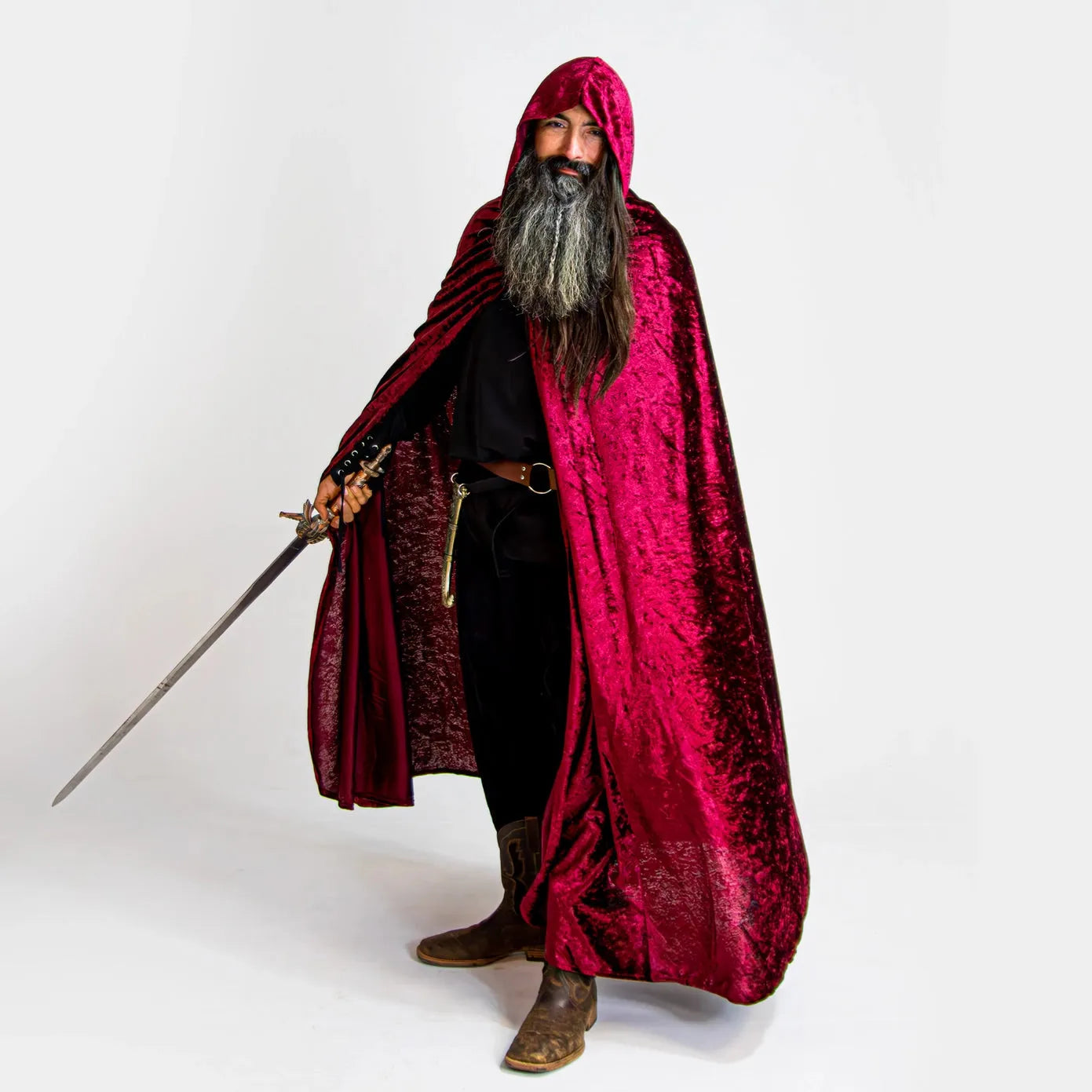 Burgundy Adult Hooded Cloak - Crushed Velour Medieval Hooded Cape