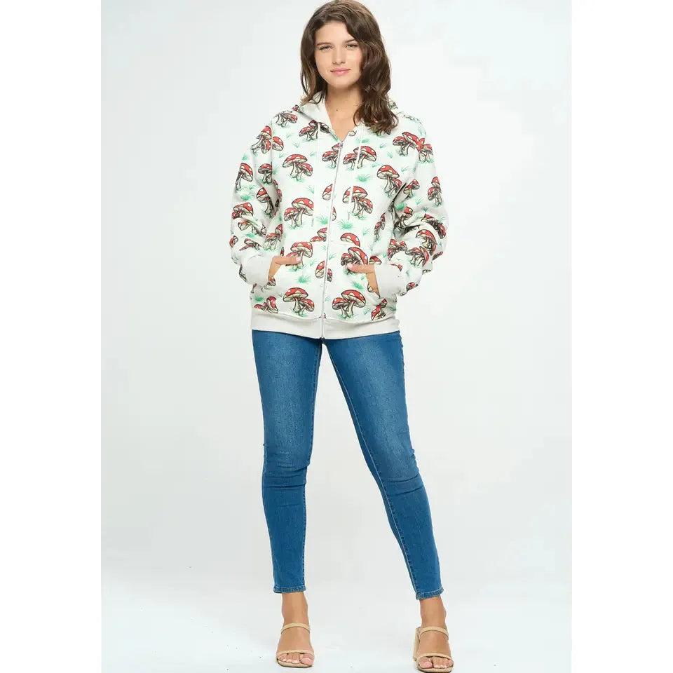 Red and White Mushroom Print Zipper Hoodie S-XL