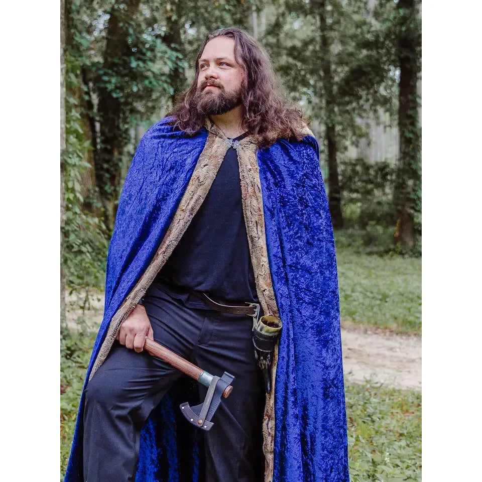 Faux Fox Fur Hooded Cloak | Blue Cloak with Pewter Fur