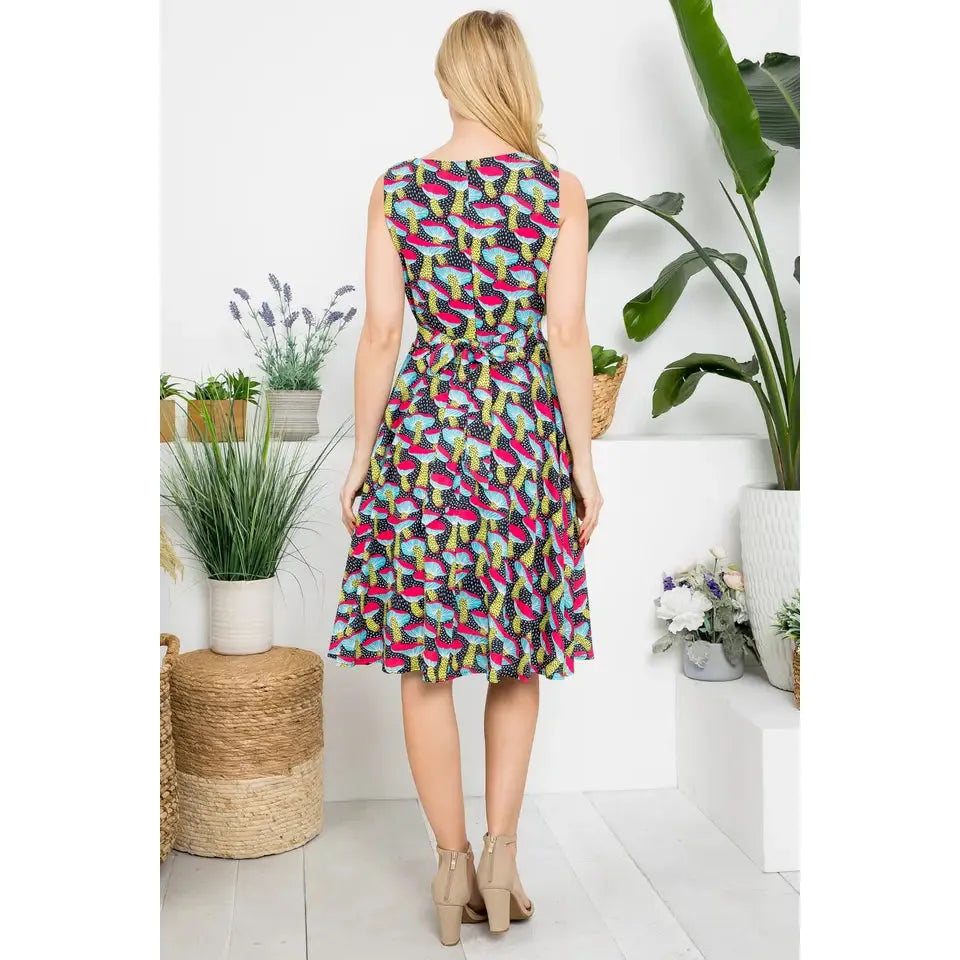 Mushroom Print Fit and Flare Midi Length Dress S-3X