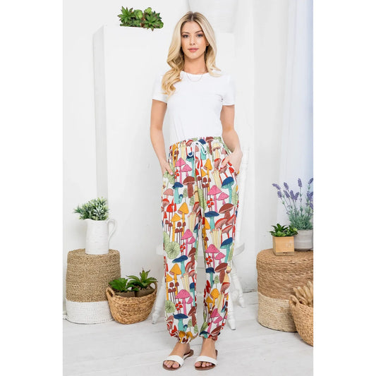 Mushroom Print Pants with Pocket and Drawstrings