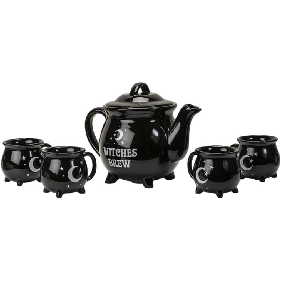 Witches Brew Black Ceramic Tea Pot with 4 Mugs