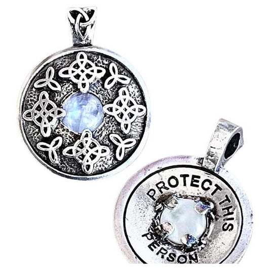 Avalon Blessings Pendant "Protect This Person" Pewter Pendant Witches Knot Moonstone 2 Sided Inscribed