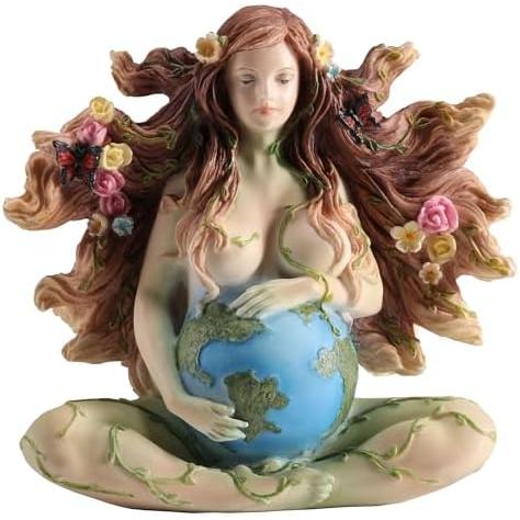 Sitting Pregnant Mother Earth Gaia with Butterflies and Flowers Hand Painted Resin Figurine