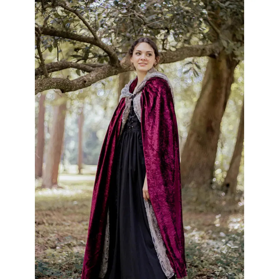 Faux Fox Fur Hooded Cloak | Burgundy Cloak with Pewter Fur