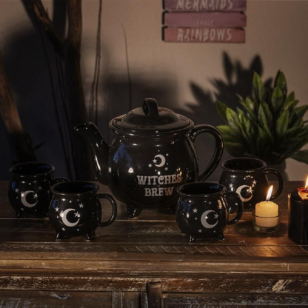 Witches Brew Black Ceramic Tea Pot with 4 Mugs