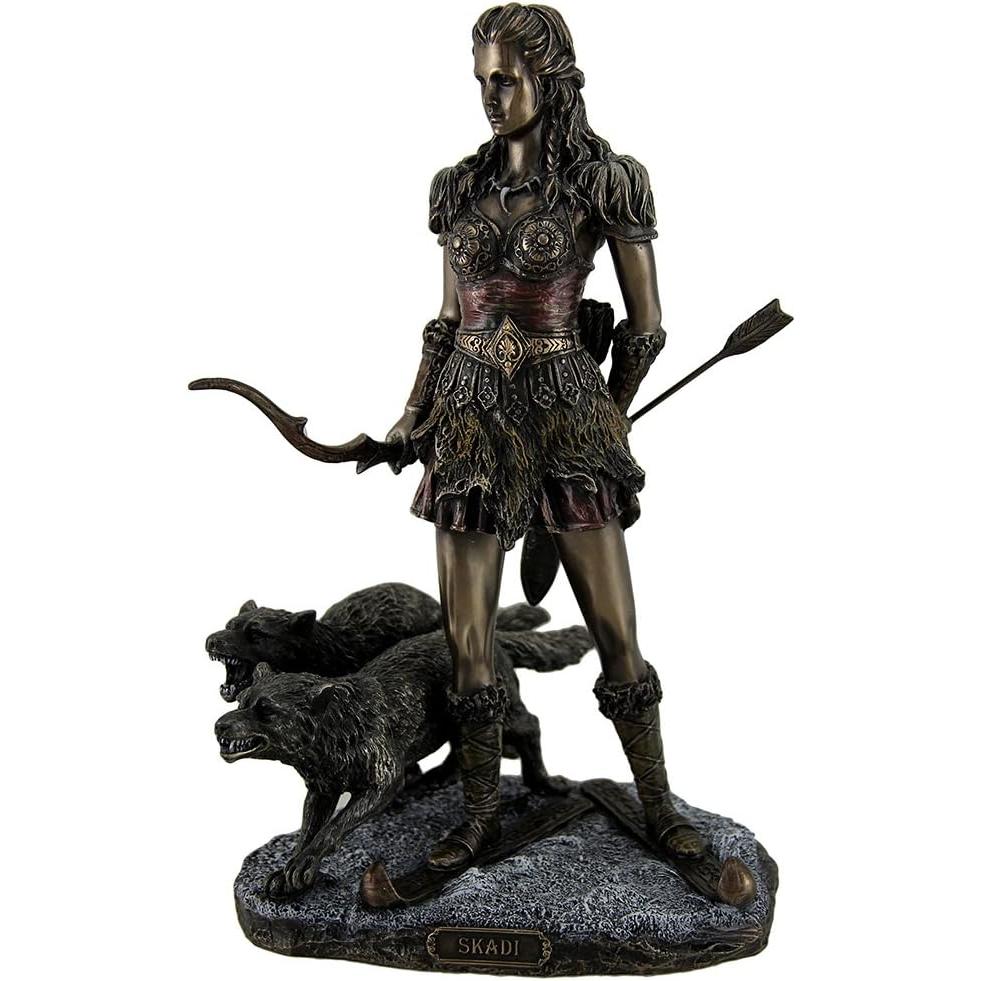 Veronese Design 10 7/8 Inch Skadi Norse Giantess Ski Goddess of Winter and Mountains with Wolves Cold Cast Resin Bronze Finish Sculpture