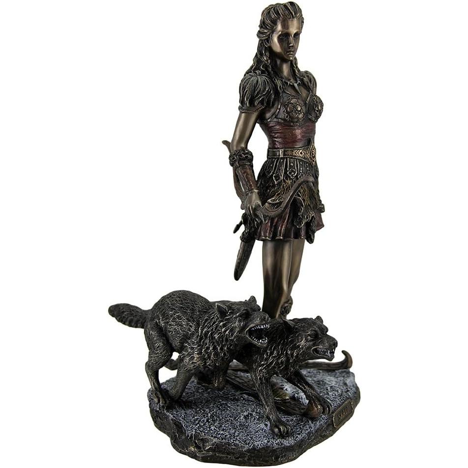 Veronese Design 10 7/8 Inch Skadi Norse Giantess Ski Goddess of Winter and Mountains with Wolves Cold Cast Resin Bronze Finish Sculpture