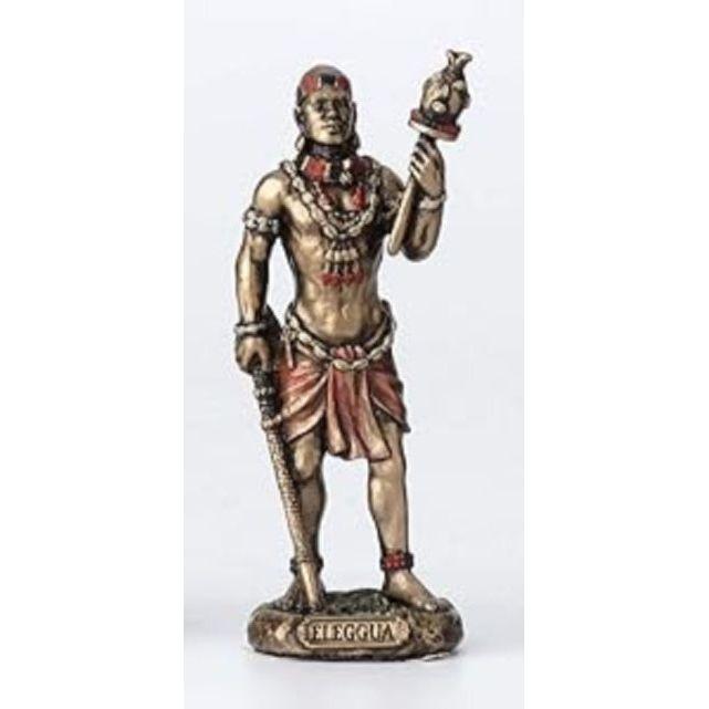 3 1/2 Inch Mini Ellugua Santeria Orisha God of Travelers, Crossroads and Fortune Cast Resin Hand Painted Antique Bronze Finish Statue