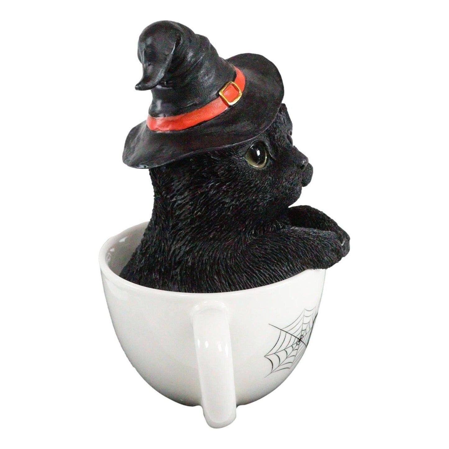 Ebros Lifelike Witching Hour Halloween Black Cat with Witch Hat in White Spider Web Boo Tea Cup Pet Pal Figurine with Glass Eyes Witches Wicca Occult Feline Cats Kittens Decor Figurine