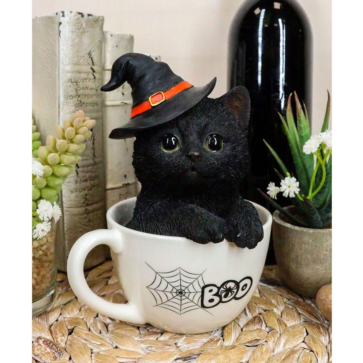 Ebros Lifelike Witching Hour Halloween Black Cat with Witch Hat in White Spider Web Boo Tea Cup Pet Pal Figurine with Glass Eyes Witches Wicca Occult Feline Cats Kittens Decor Figurine