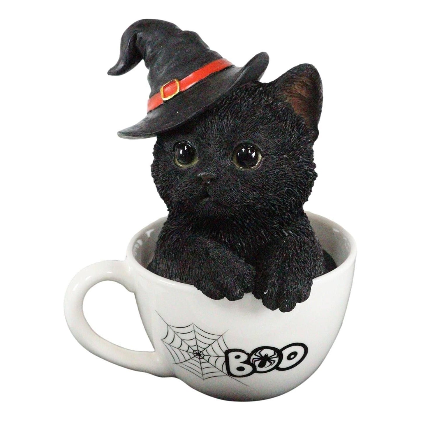 Ebros Lifelike Witching Hour Halloween Black Cat with Witch Hat in White Spider Web Boo Tea Cup Pet Pal Figurine with Glass Eyes Witches Wicca Occult Feline Cats Kittens Decor Figurine