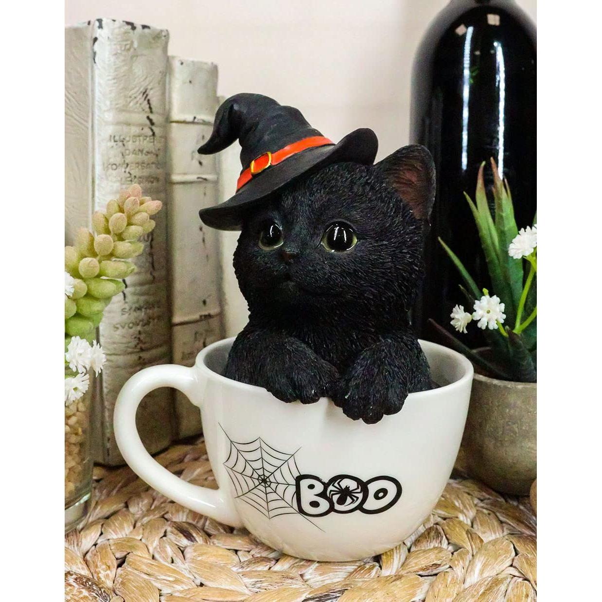 Ebros Lifelike Witching Hour Halloween Black Cat with Witch Hat in White Spider Web Boo Tea Cup Pet Pal Figurine with Glass Eyes Witches Wicca Occult Feline Cats Kittens Decor Figurine