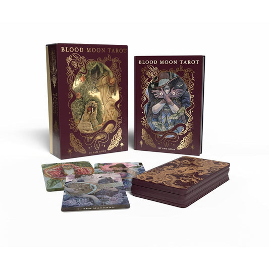 Blood Moon Tarot: Deluxe 78-Card Tarot Deck with Ethereal Watercolor Art, Linen Finish, Burgundy Edges, and Hardcover Book – Gold Foil-Accented Set
