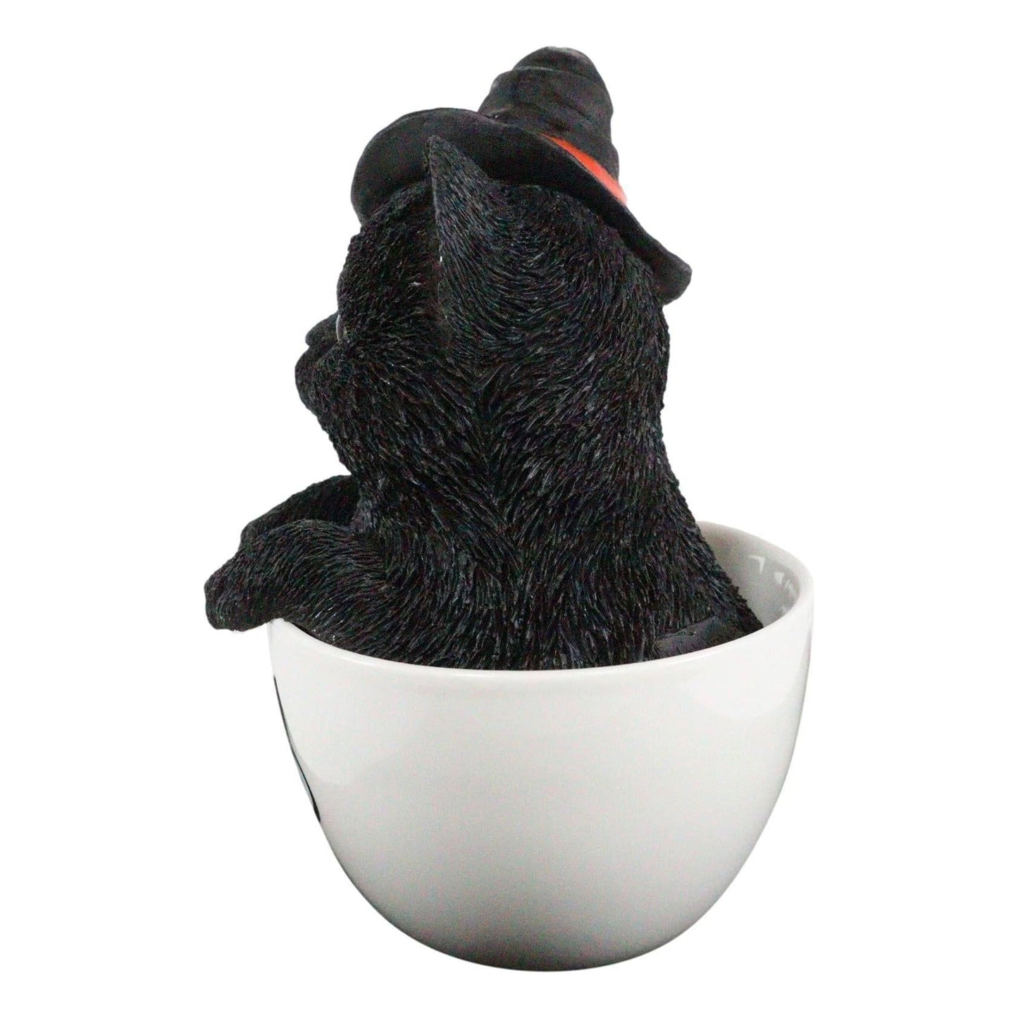 Ebros Lifelike Witching Hour Halloween Black Cat with Witch Hat in White Spider Web Boo Tea Cup Pet Pal Figurine with Glass Eyes Witches Wicca Occult Feline Cats Kittens Decor Figurine