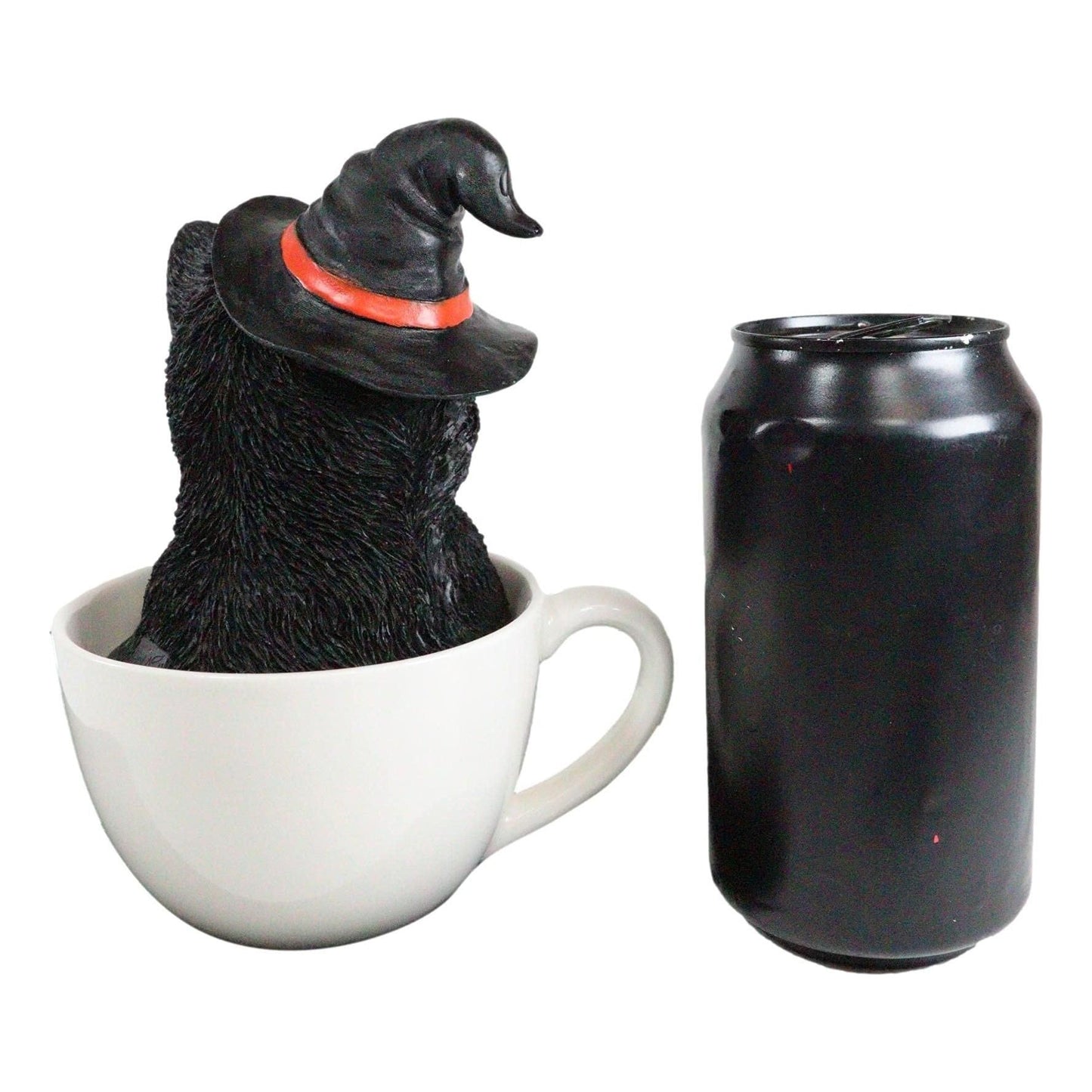 Ebros Lifelike Witching Hour Halloween Black Cat with Witch Hat in White Spider Web Boo Tea Cup Pet Pal Figurine with Glass Eyes Witches Wicca Occult Feline Cats Kittens Decor Figurine