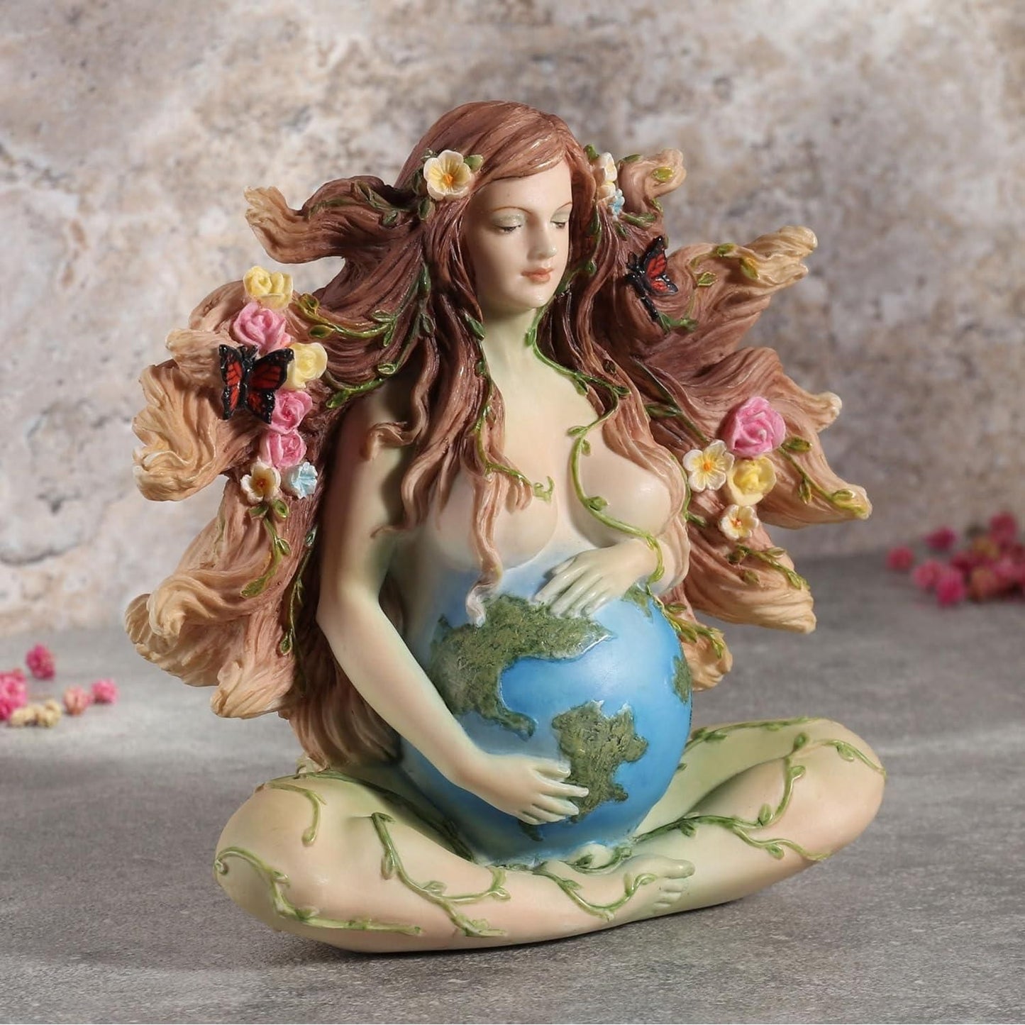 Sitting Pregnant Mother Earth Gaia with Butterflies and Flowers Hand Painted Resin Figurine