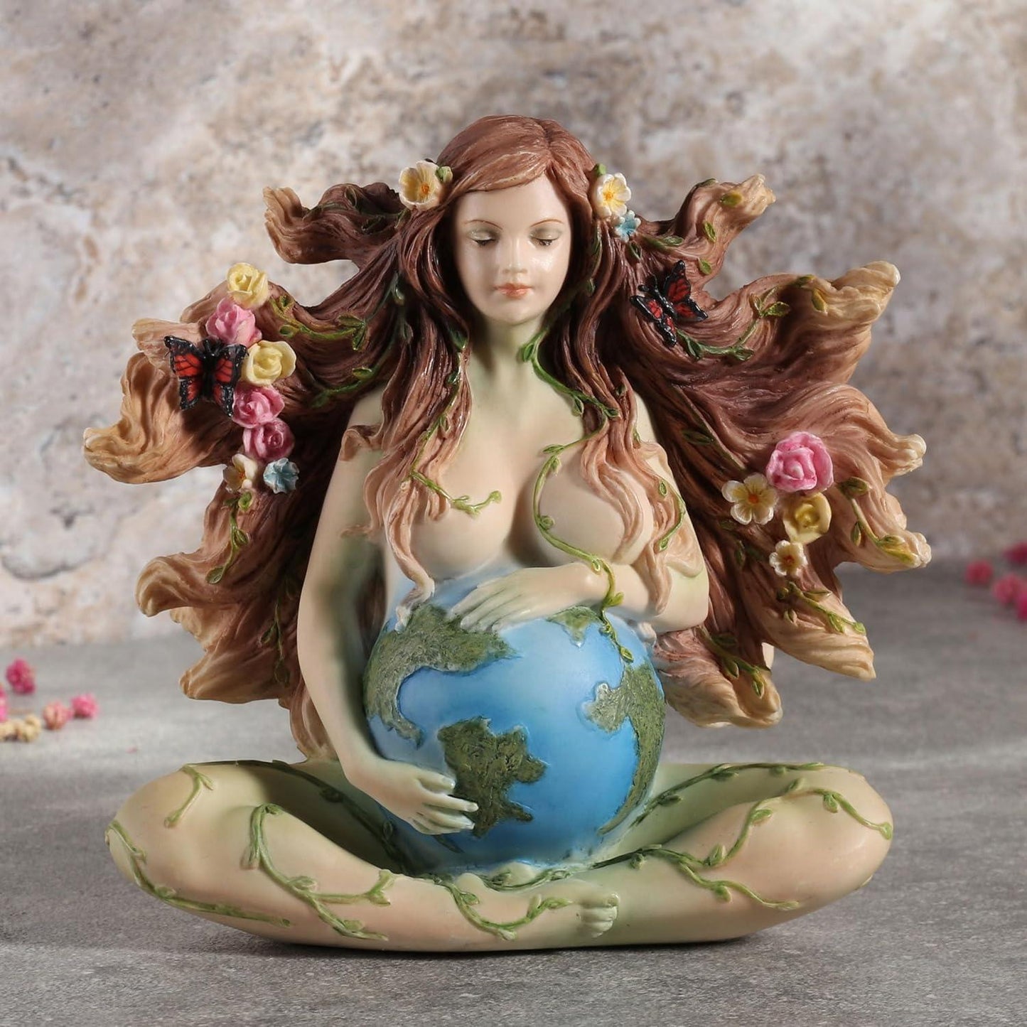 Sitting Pregnant Mother Earth Gaia with Butterflies and Flowers Hand Painted Resin Figurine