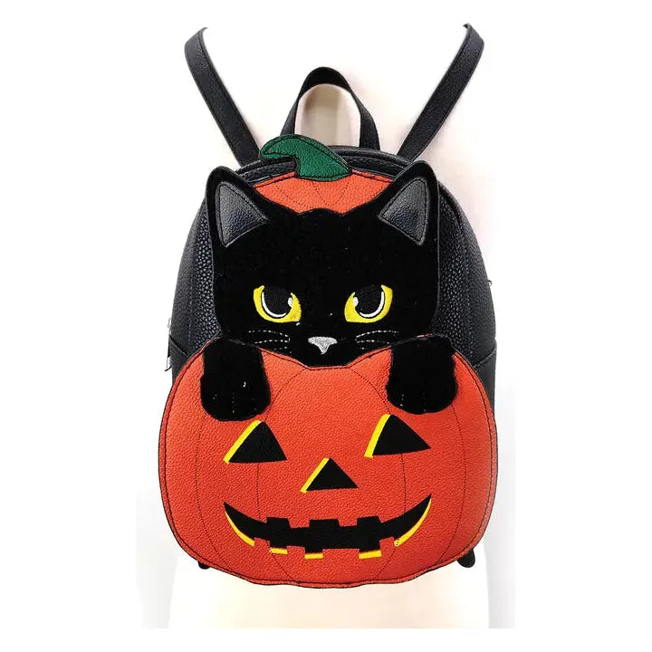 Furry Black Cat in Pumpkin Mini Backpack