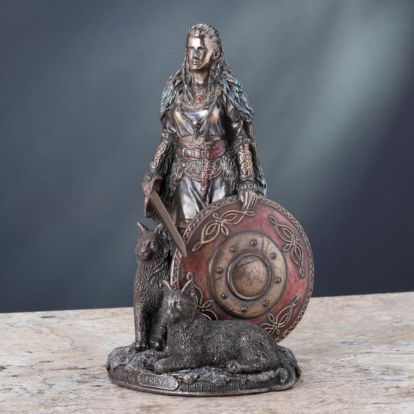 Veronese Design 8 1/4 Shield Maiden Freya Norse Goddess of Love Beauty and War Cold Cast Resin Sculpture Antique Bronze Finish Statue