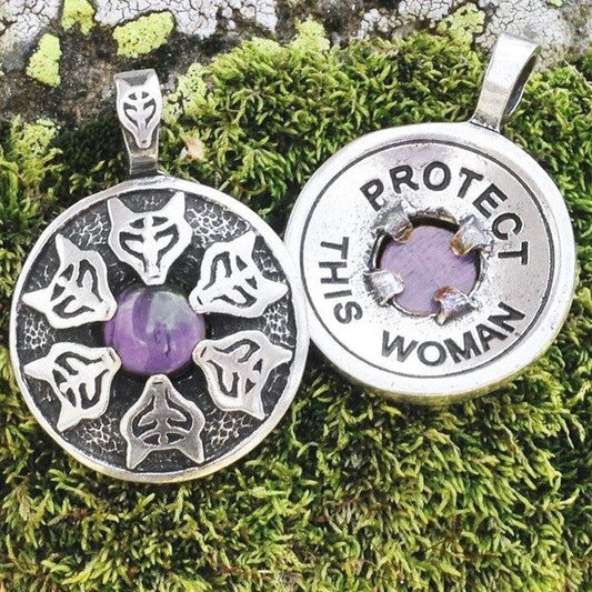 Protect This Woman Wolf Goddess Inscribed Affirmation Pendant w/ Amethyst