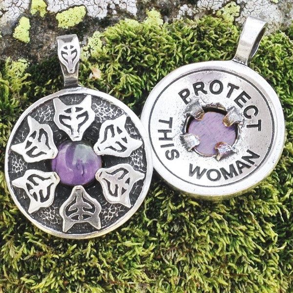 Avalon Blessings Pendant "Protect This Woman" Pewter Pendant Amethyst Wolf Goddess