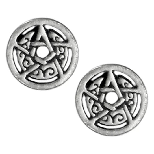 Silver Crescent Moon Pentacle Circle Stud Earrings