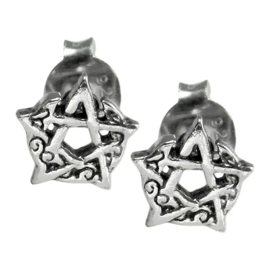 Sterling Silver Crescent Moon Pentacle Stud Earrings