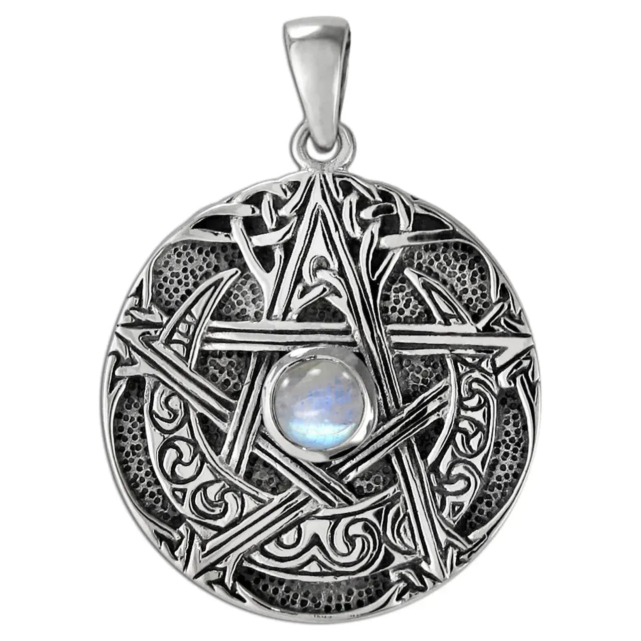 Sterling Silver Large Moon Pentacle Pendant with Rainbow Moonstone
