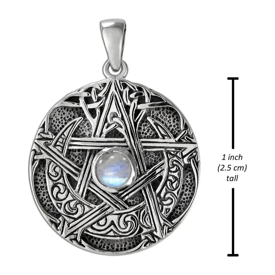Sterling Silver Large Moon Pentacle Pendant with Rainbow Moonstone