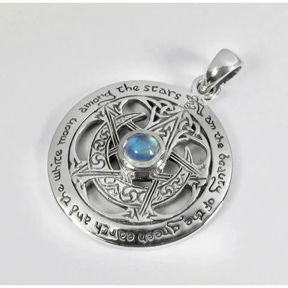 Sterling Silver Large Cut Out Moon Pentacle Pendant with Rainbow Moonstone
