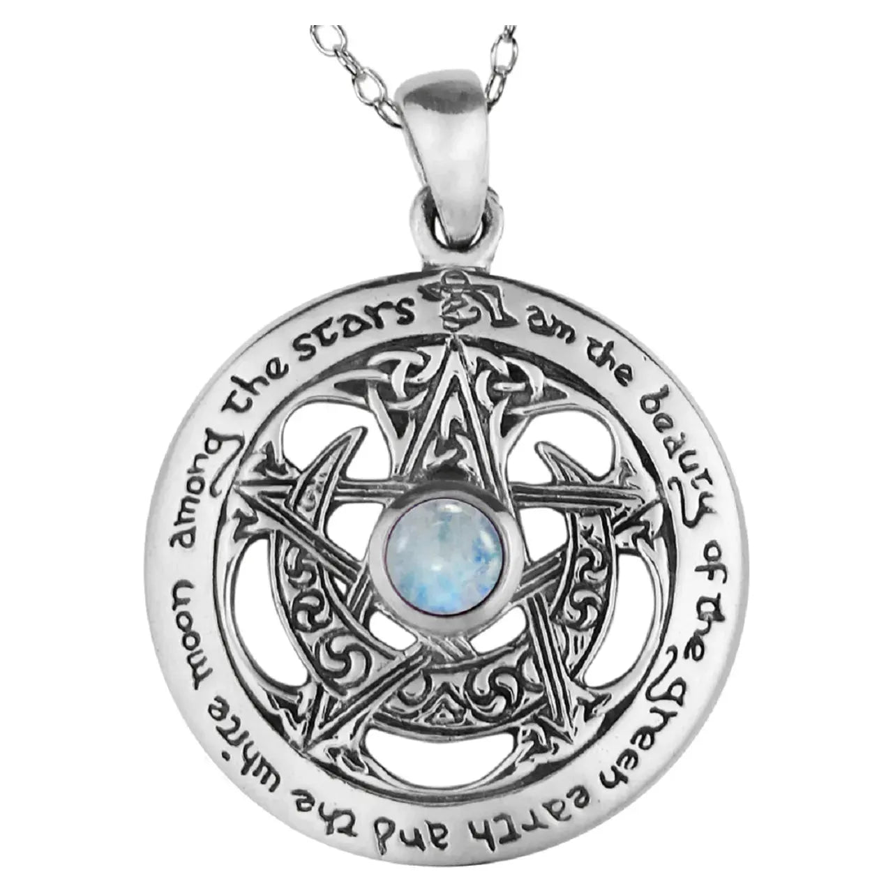 Sterling Silver Large Cut Out Moon Pentacle Pendant with Rainbow Moonstone
