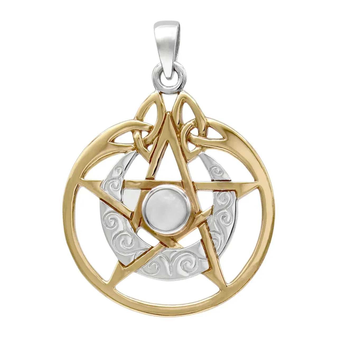 Sterling Silver Vermeil Crescent Moon Pentacle Pendant with Circle and White Moonstone
