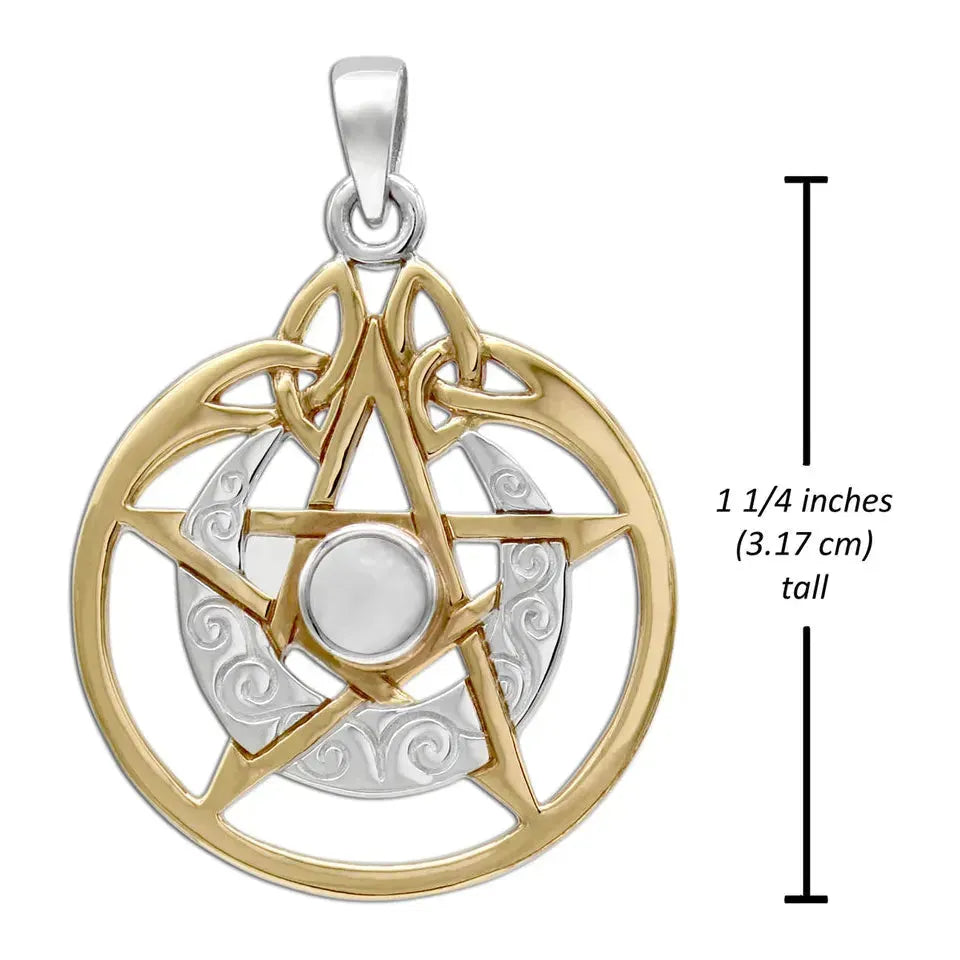 Sterling Silver Vermeil Crescent Moon Pentacle Pendant with Circle and White Moonstone