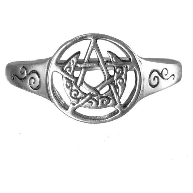 Sterling Silver Crescent Moon Pentacle Ring Sizes 5-12