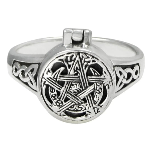 Sterling Silver Moon Pentacle Poison Locket Ring
