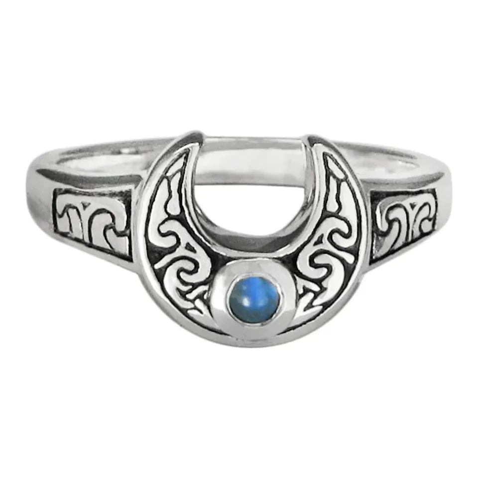 Horned Moon Ring with Rainbow Moonstone Sizes 5-12