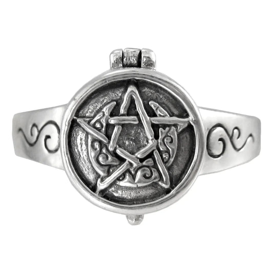 Sterling Silver Crescent Moon Pentacle Poison Locket Ring Sizes 5-12
