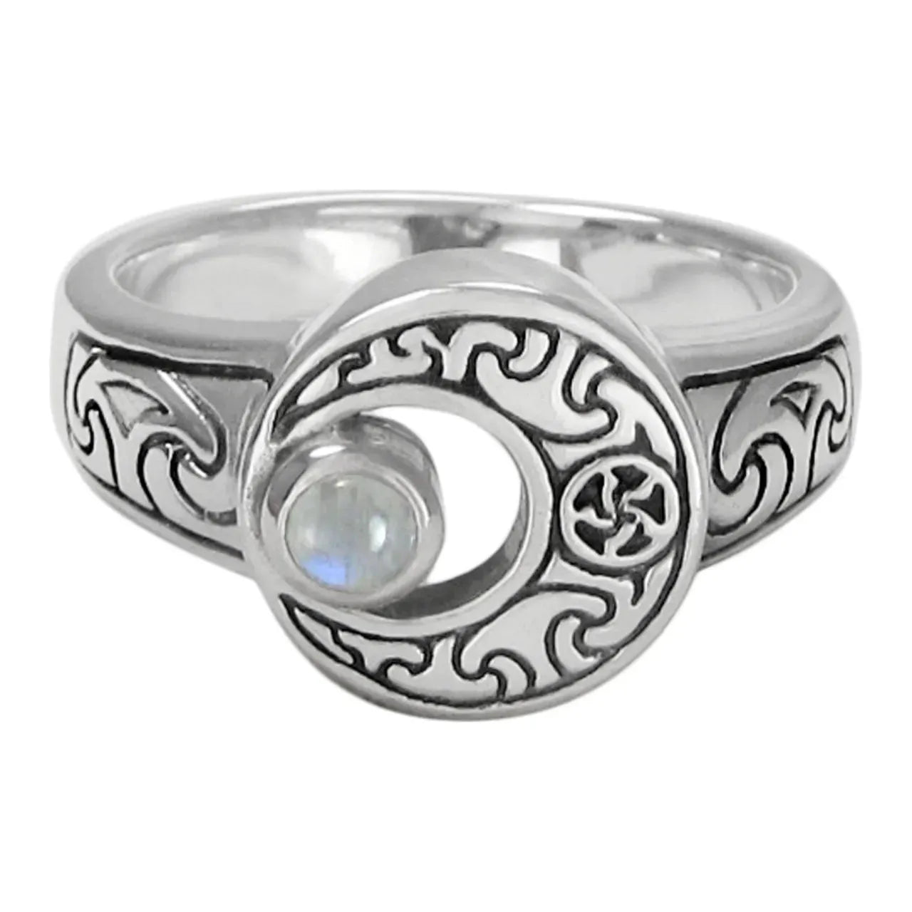 Sterling Silver Crescent Moon Ring with Rainbow Moonstone
